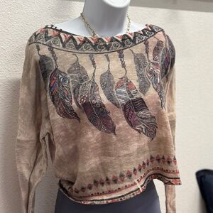Lightweight feather print long sleeve top